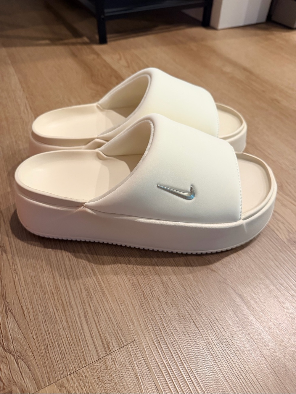 Nike Women's Cream Platform Slide Sandals with Silver Swoosh